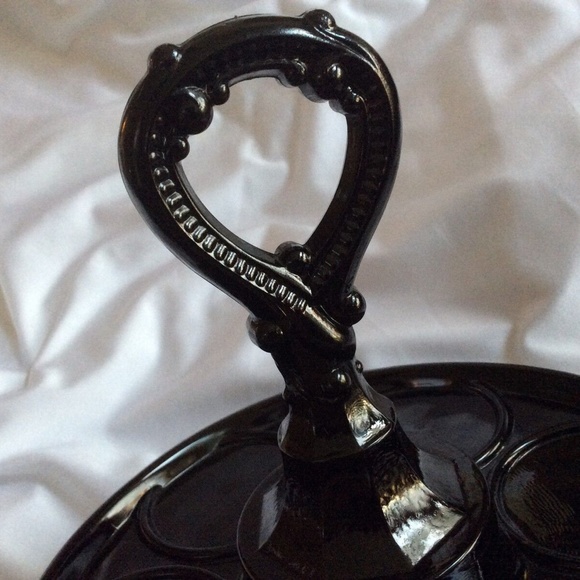 Vtg 1950s Black Glass Cosmetic or Jelly Spice Jars Center Handle Tray Cuddy - Picture 3 of 5